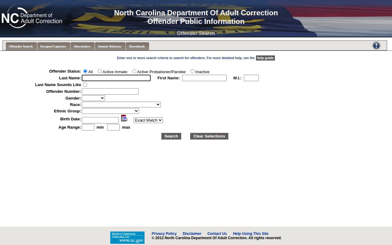 North Carolina NCDAC Offender Public Information search form